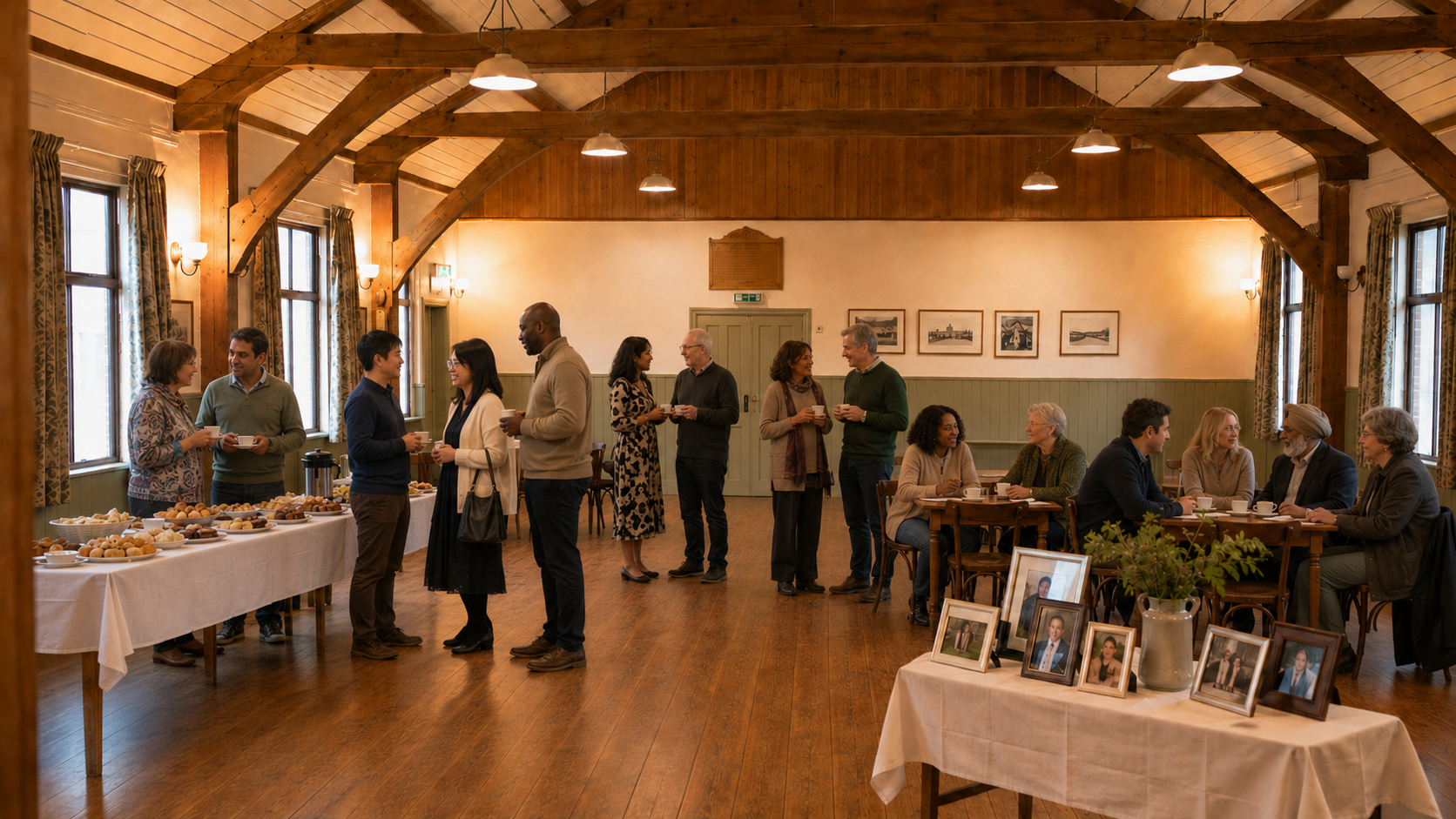 Family and friends sharing refreshments and memories at a celebration of life in a warm village hall